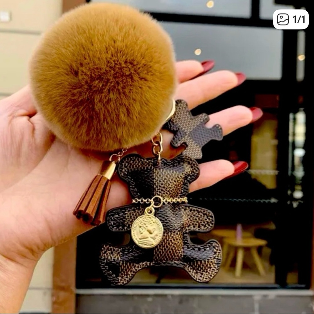 Brown Teddy Bear Keychain with Pom Pom